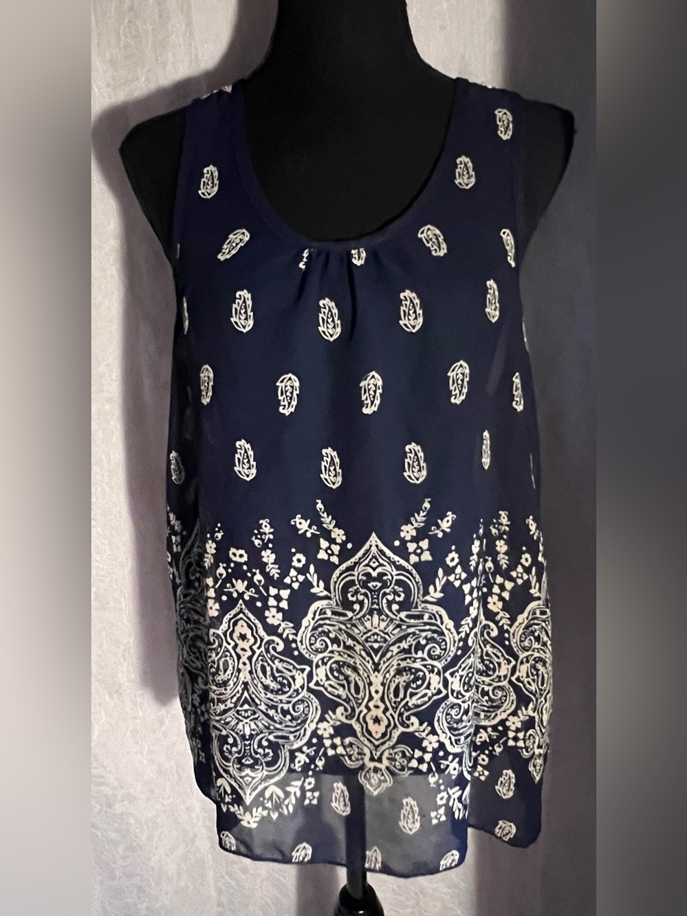 Navy Paisley semi sheer Tank Top